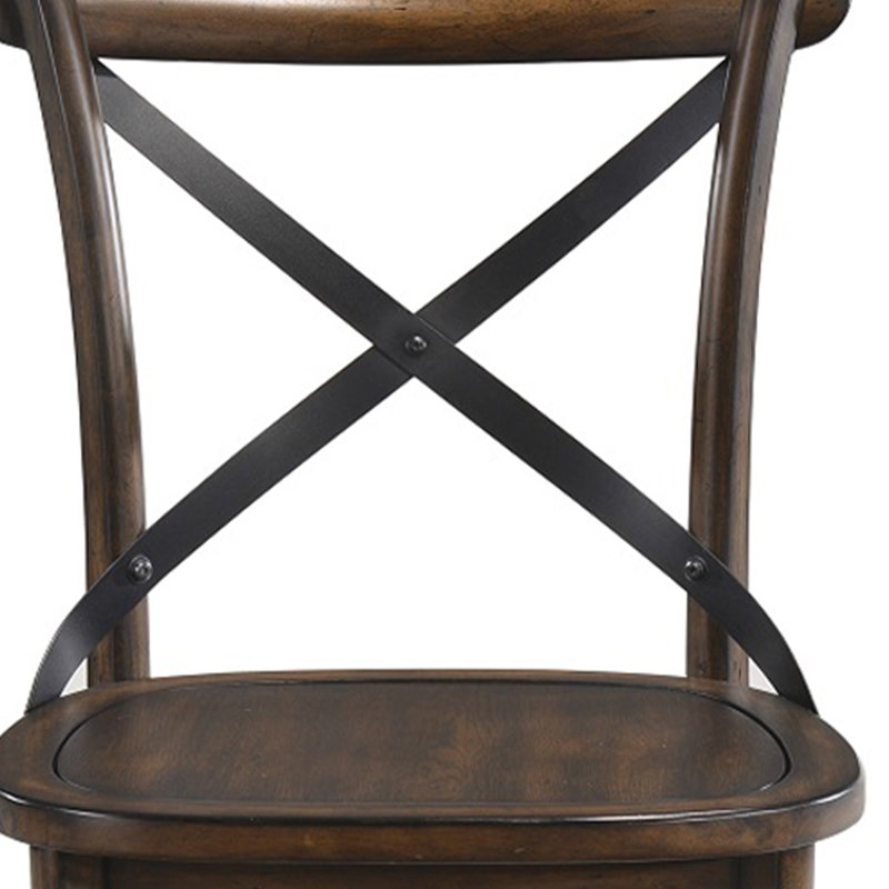 Chaise de salle à manger vintage en bois massif brun avec dossier en croix métallique en forme de X