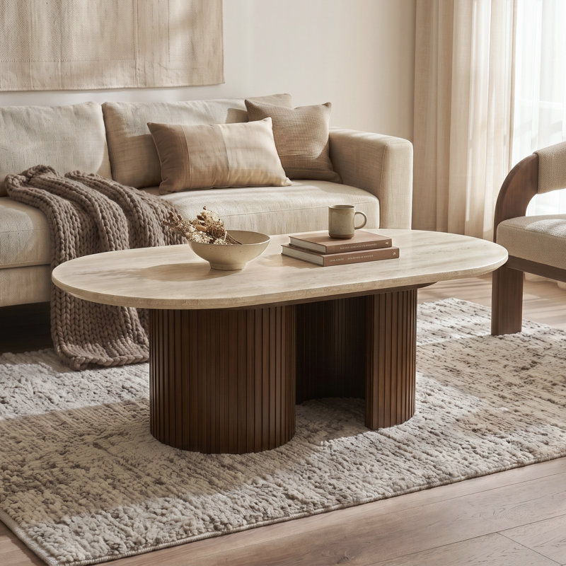Table basse ovale en pierre véritable Luca, Beige Genuine Travertine