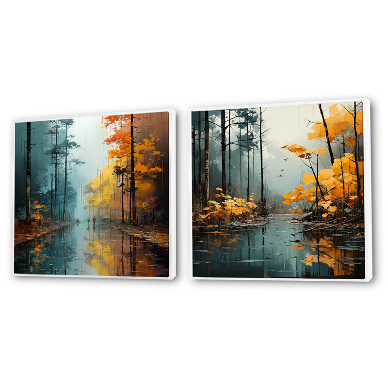 Autumn Forest Solitude - Ensemble de 2 collages carrés forêt, H 16 po x l 33 po, Cadre flottant blanc