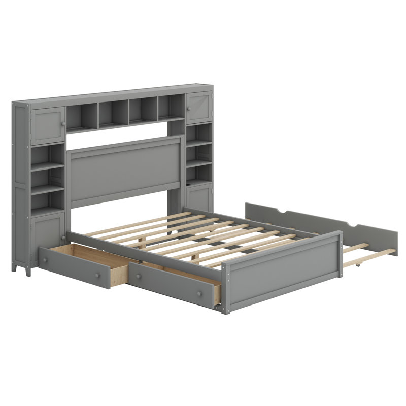 Lit en bois avec armoire tout-en-un, tablette et prises, lit gigogne, Gris, Grand lit