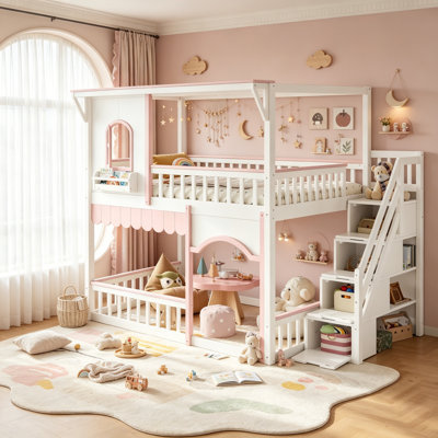 Kids Pine Wood Bunk Bed with Storage Stairs and Shelfs for Girls Boys, Playhouse Loft Bed & House Bunk Bed with Window and Bookshelf for Sleep or Play, Full Over Full Size, White+Pink