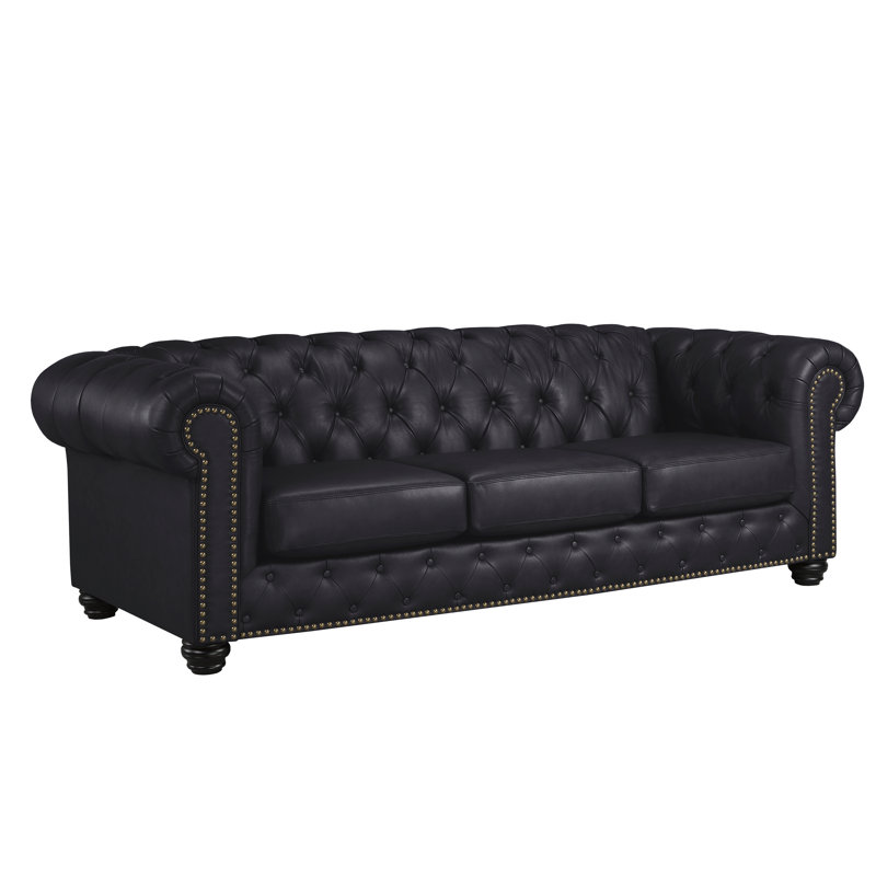 Orner 93" Leather Rolled Arm Chesterfield Sofa, Black Leather Match