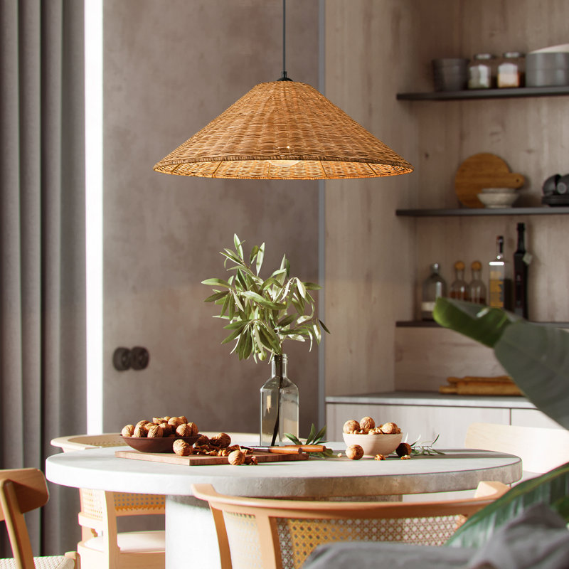Luminaire suspendu surdimensionné en rotin 1 lumière Aalayah, Brun, Noir mat, H 9,06 po x l 23,62 po x P 23,62 po