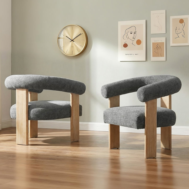 Ensemble de 2 fauteuils demi-tonneau rembourrés Mid-Century, Chenille gris anthracite