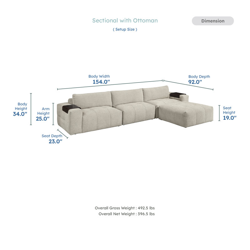 Rousey 154" Modern & Contemporary 4-Piece Modular Sectional with Ottoman, Textured Fabric Upholstery, Tufting Details & Wooden Armrest Trays
