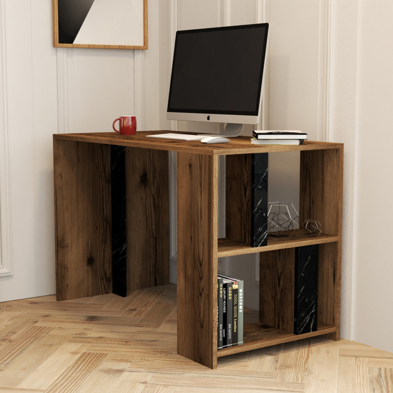 Modern Study Desk with Wall-Mount Option, Walnut & Black, 47.2 x 29.7 x 23.6 inches | 100% Melamine Coated Particle Board, Thickness: 0.7 inches | Multiple Shelves for Storage & Organization, Sleek Design for Home Office