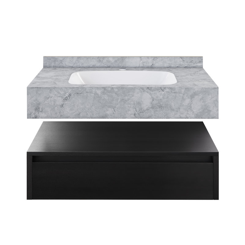 Meuble-lavabo mural 36 po Avancer en chêne naturel avec plateau en marbre noir Avancer, Chêne noir, Gris