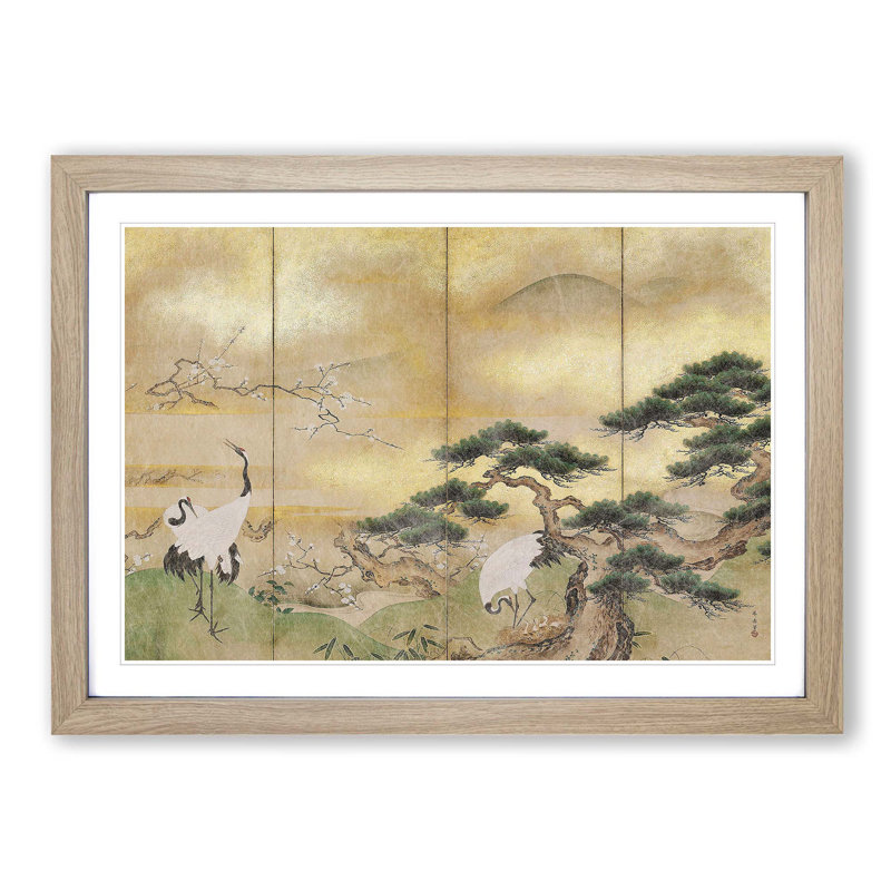 Cranes Beside a Lake by Hashimoto Gaho - Picture Frame Painting Print on MDF, Oak Framed, 27cm H x 36cm W x 2cm D