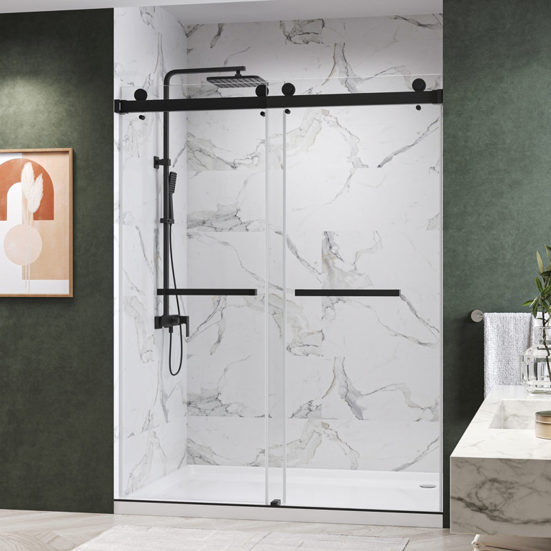 72-Inch Matte Black Frameless Double Sliding Shower Door with Clear Glass