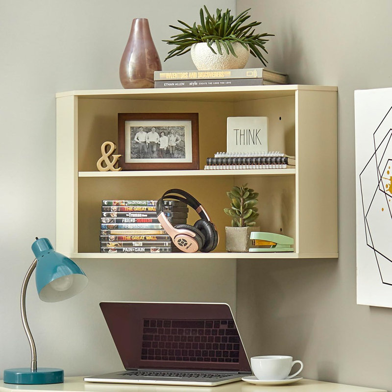 Huche de bureau flottante moderne blanche - Rangement mural en coin avec 2 tablettes