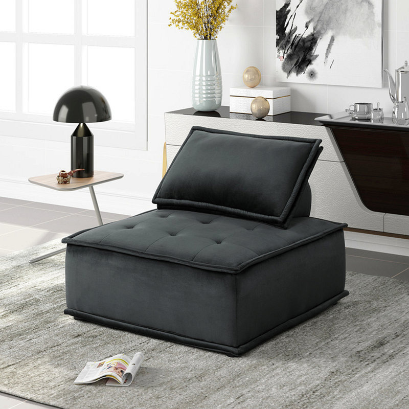 80"W Black Velvet 3 Pc Sectional Sofa Ottoman