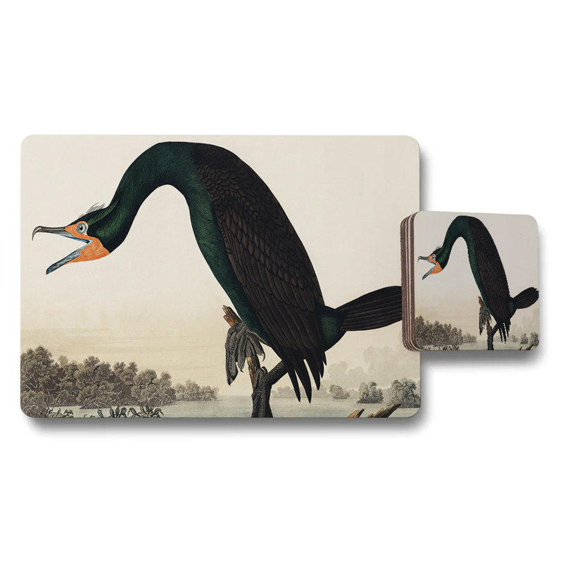 Vintage Crane Placemats And Coasters Set With Green Necked Bird
