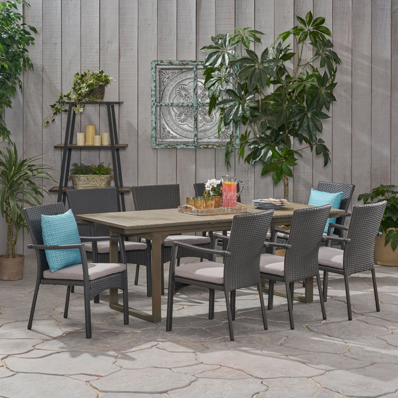 Chul 8 - Person Acacia Wicker Patio Dining Set with Extendable Rectangular Table , Cushions Included