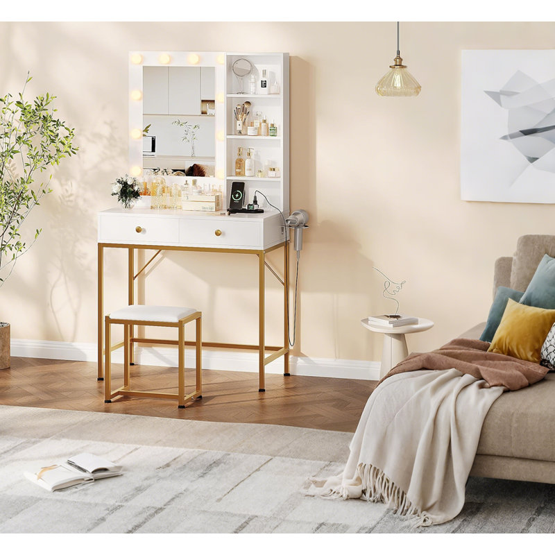 Bureau de coiffeuse, miroir à DEL professionnel, station de charge, table de maquillage à éclairage réglable de 3 couleurs, tabouret, rangement, coiffeuse en bois d'ingénierie anti-basculement pour chambre à coucher