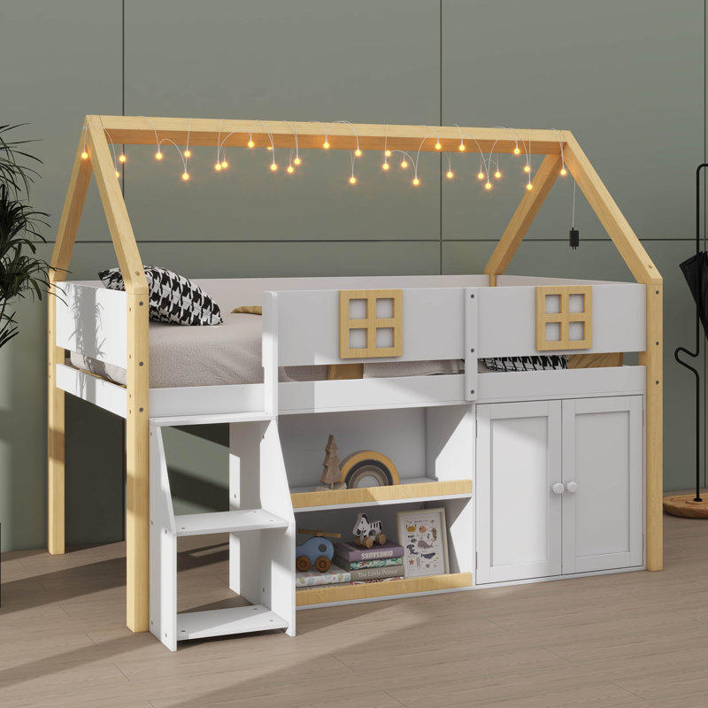 Lit mezzanine avec escabeau, étagères intégrées, armoires et système d'éclairage, Lit simple