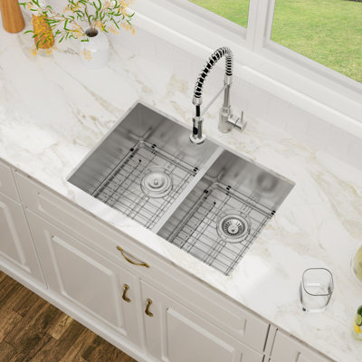 28"L 16 Gauge Undermount 50/50 Low Divide Double Bowl Stainless Steel  Kitchen Sink with Accessories