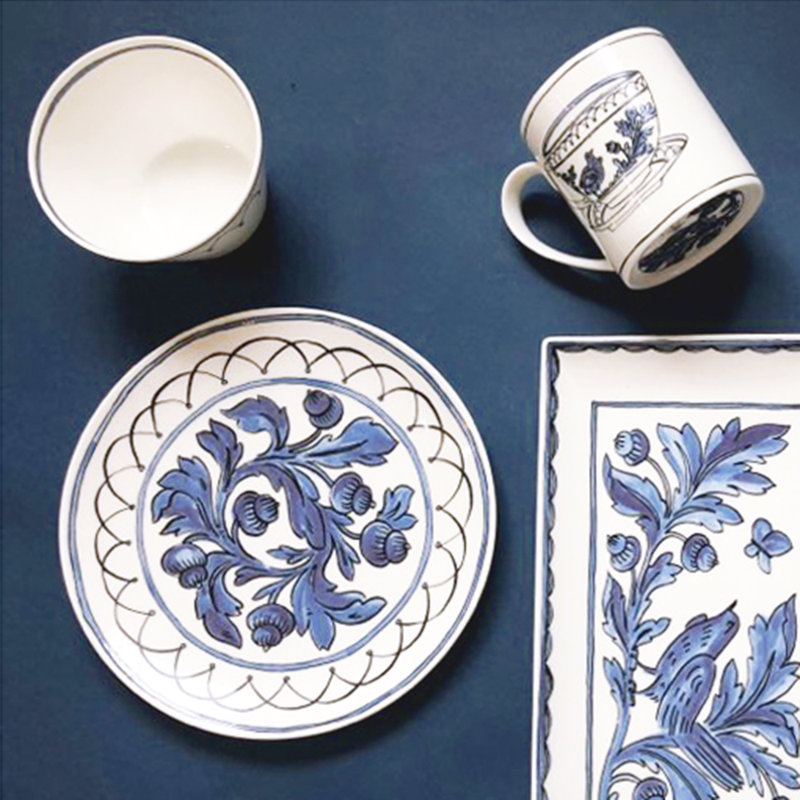 Blue Porcelain Round Dessert Plate with Floral Print