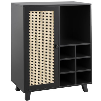 Buffet noir avec 6 tablettes à vin et ouvertes, 34 po pour l'organisation à la maison, 27,15 po de largeur, 34,41 po de hauteur, armoire spacieuse avec plateau de rangement, cuisine ou entrée, 14,71 po de profondeur,