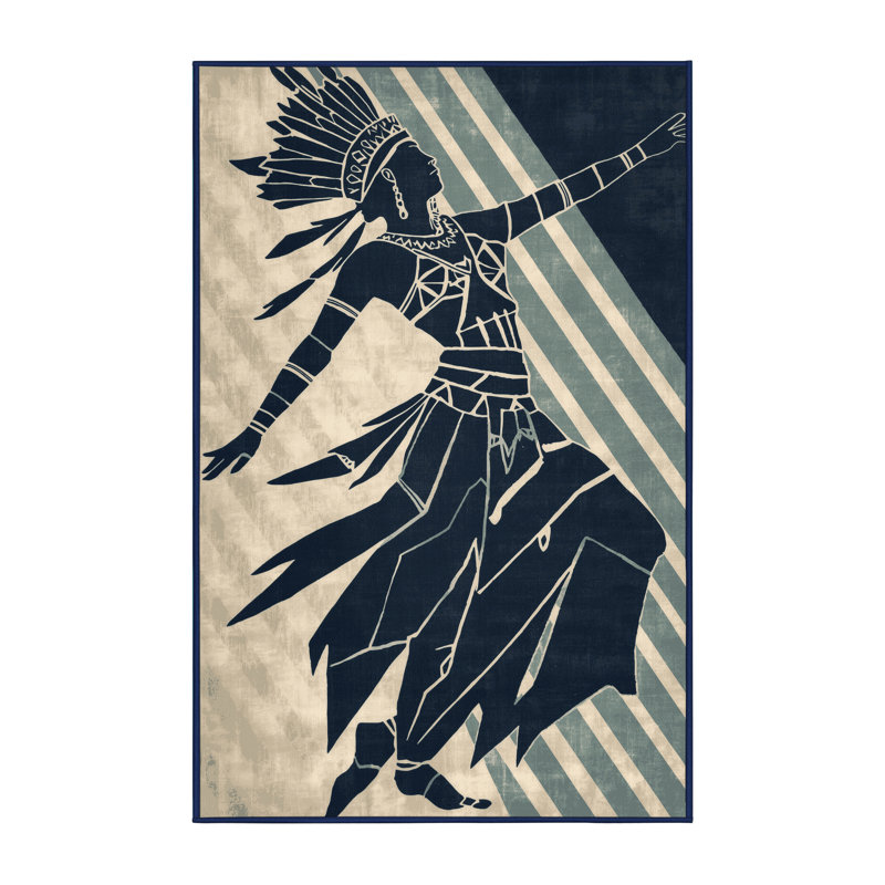 Soft Plush Dunklin Tribal Dancer Warrior Bohemian Block Print Area Rug in Gray – Navy Binding, 8x10