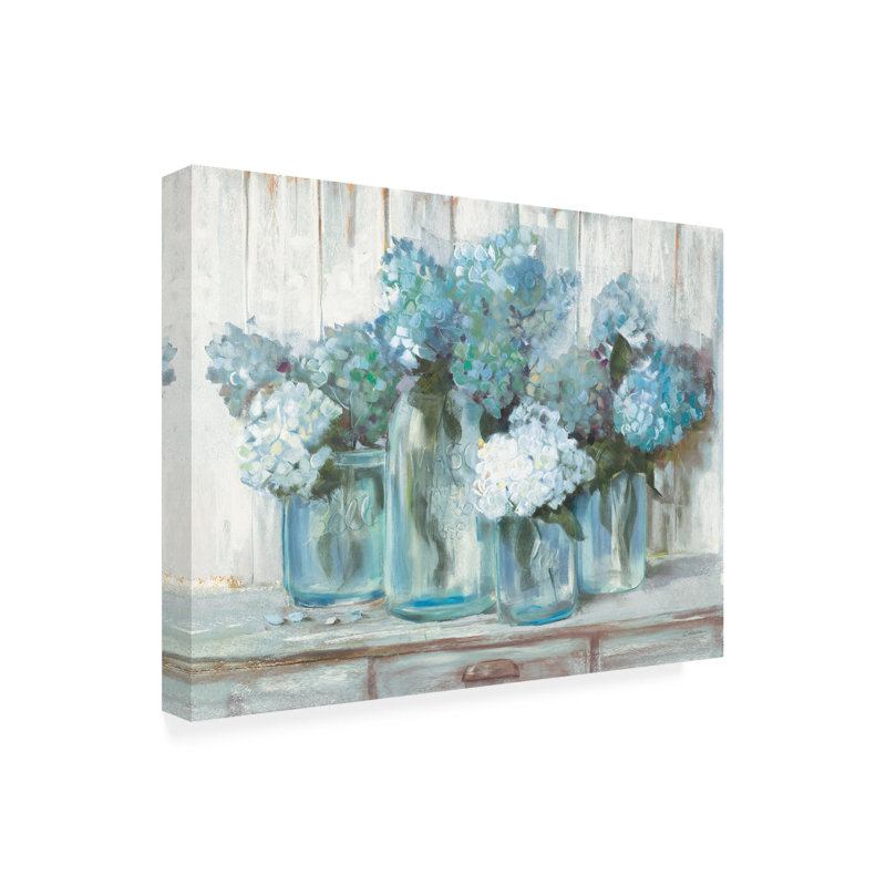 Décoration murale d'extérieur toutes saisons «Hortensias In Glass Jars» par Carol Rowan, L 32 po x H 24 po