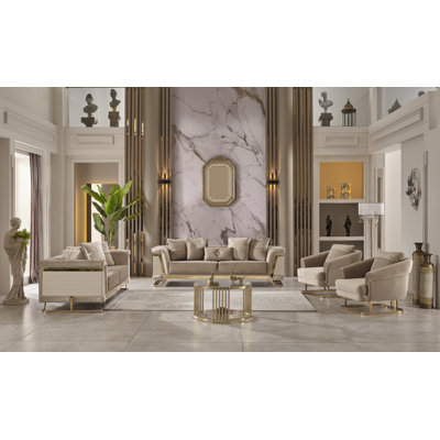 Talla 4-Piece Living Room Set – Beige Two Sofas and Two Chairs with Gold Accents by Everly Quinn