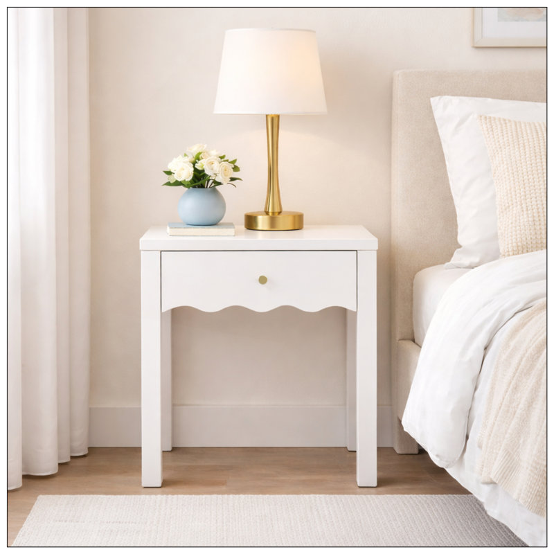 Tables de chevet blanches avec tiroir, tables de chevet modernes avec détail festonné, tables d'appoint compactes pour chambre, salon et petits espaces (Une seule table de chevet !!!)