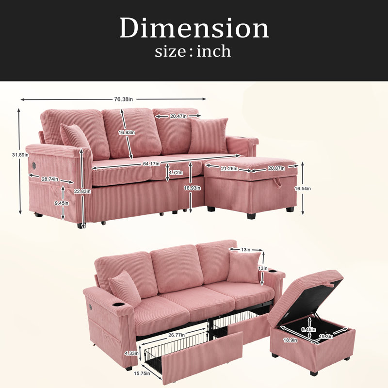 L-Shaped Sectional Sofa With Pull-Out Storage,Ottoman & Pillows 3-Seat With USB Charging,Cup Holder, Convertible Design For Living Room, Apartment, Corduroy Fabric