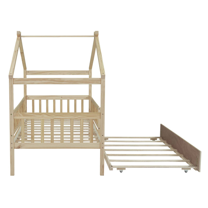 Wooden House Bed With Trundle, Natural, Twin