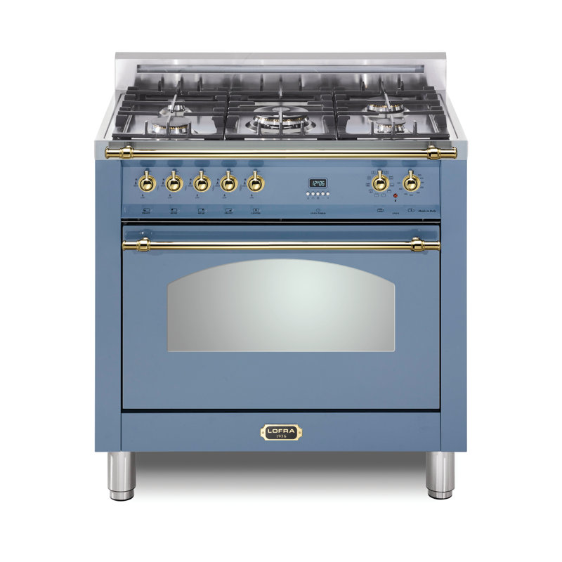 Lofra Dolcevita Series 36 Inch Dual Fuel Range with 5 Sealed Brass Burners, Lavender/Brass