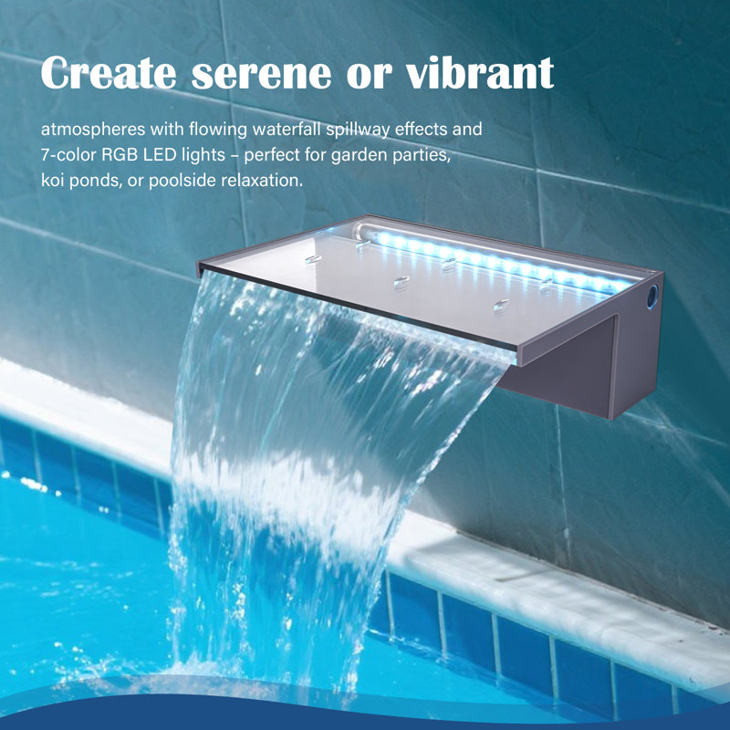 Lighted Waterfall Pool Fountain with LED 7 Color Changing and Remote, Acrylic Waterfall Spillway for Sheer Descent Garden Outdoor
