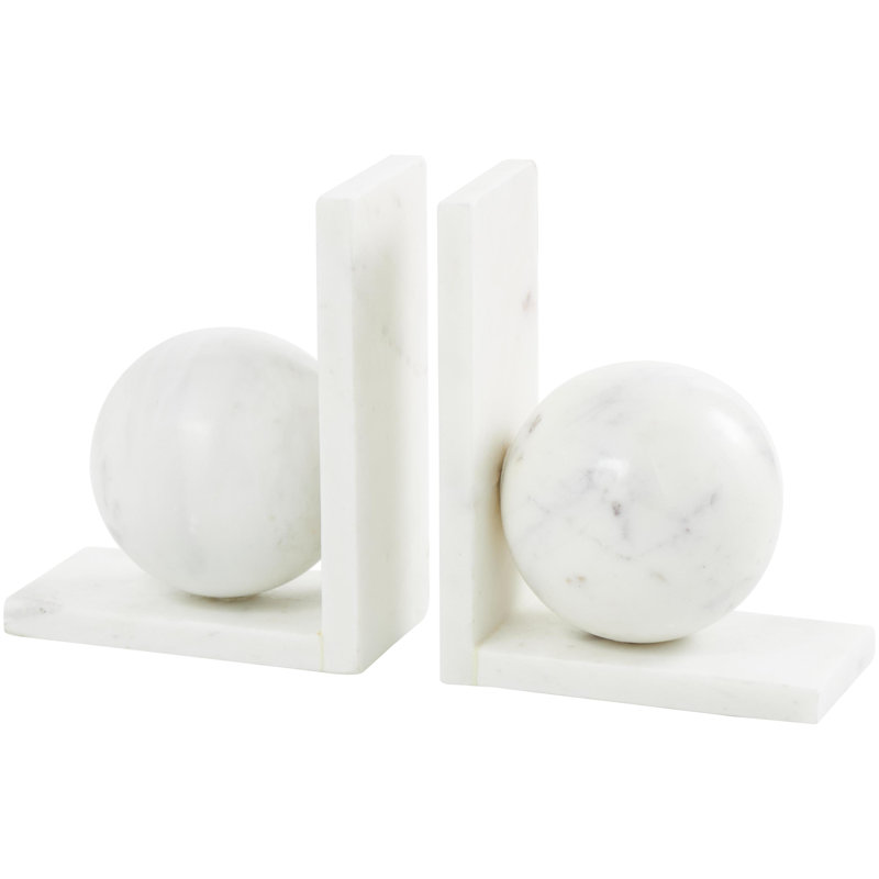 White Marble Geometric Sleek Orb 12 lbs Decorative Bookends with L- Shaped Bases, Set of 2, White