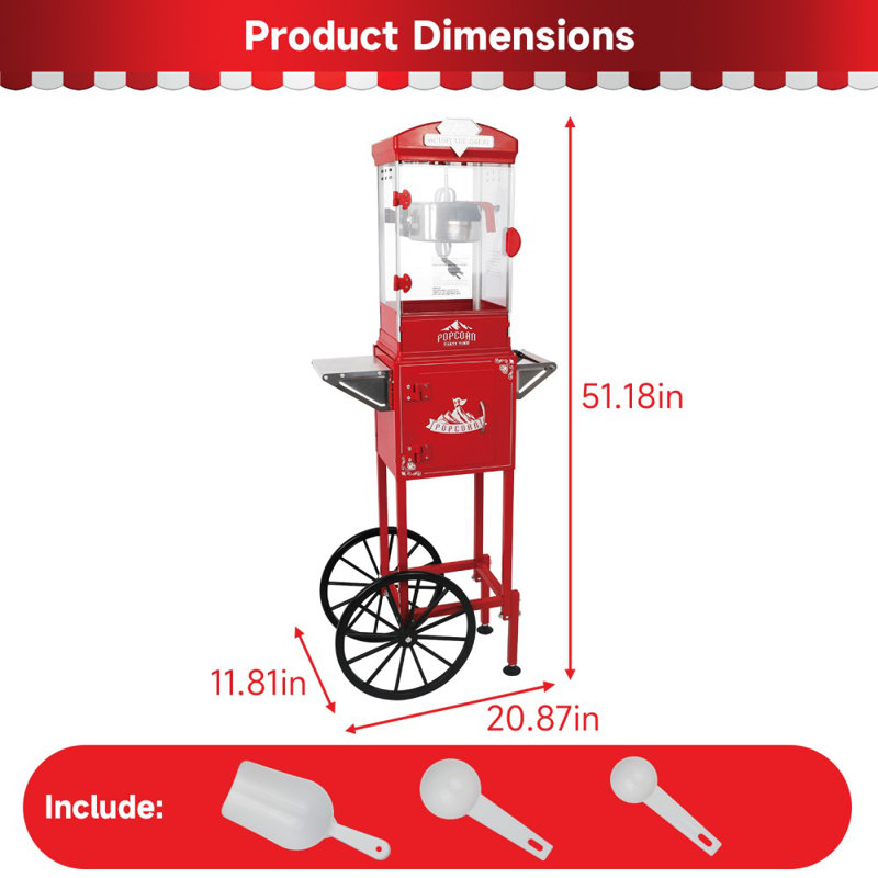 Machine à maïs soufflé rouge avec chariot et bouilloire de 10 oz, acier inoxydable, facile à utiliser avec plateau à déchets