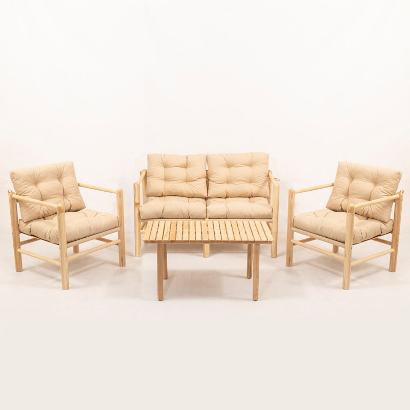 Scandinavian Garden Table & Chairs Set (4 Pieces), Natural & Cream, 53.1 x 29.1 x 29.5 inches | Made from 100% Chestnut Wood, No Varnish, Water-Based Preservative | Stylish Outdoor Furniture for Patio & Deck