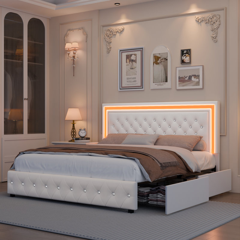 Structure de lit tapissier avec lumières DEL Rhythm Sync, tête de lit capitonnée à losange réglable, 4 tiroirs de rangement, aucun sommier nécessaire, velours crème