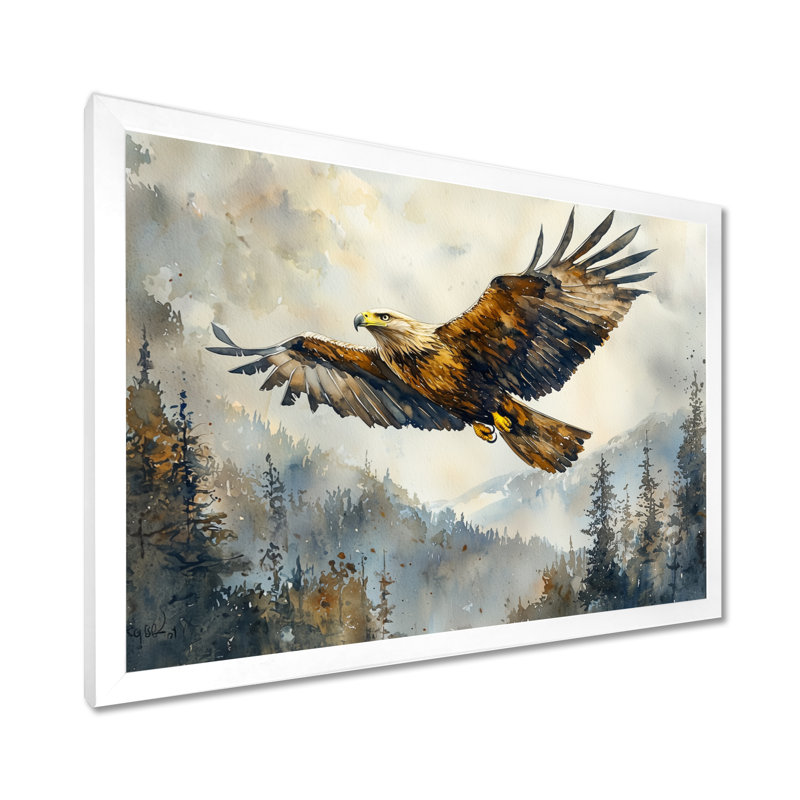 Aigle brun surplombant la vallée - oiseau, art mural, H 24 po x l 32 po, Cadre flottant, Blanc