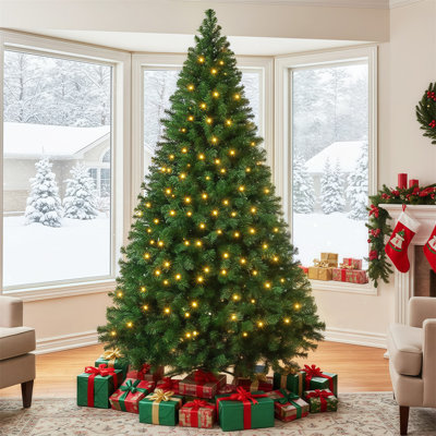 Premium Artificial Hinged Classic Spruce Christmas Tree With Pre-Lit Warm Lights And Foldable Stand, Choice For Xmas Decoration