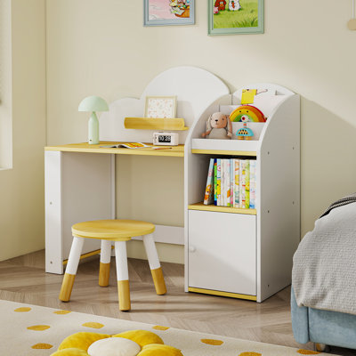 Kids Wooden Desk And Stool Set With 2 Storage Cabinets & 2 Bookshelves, Children Study Writing Table For Drawing & Homework, Student Desk For Bedroom, For Boys & Girls Ages 3–8