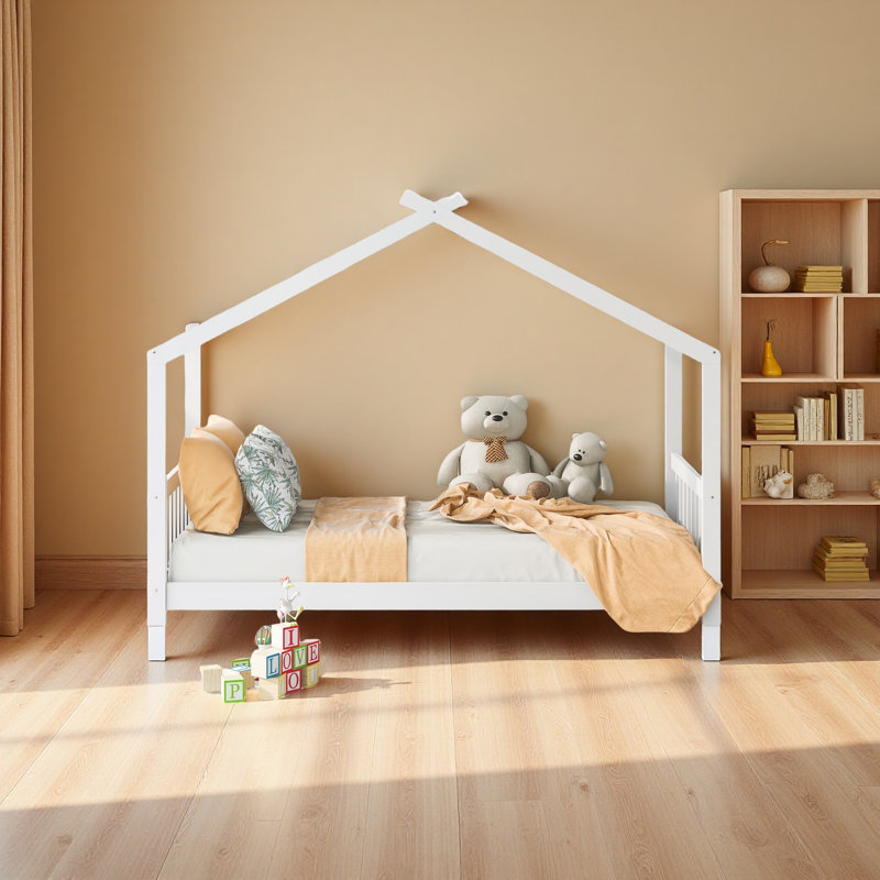 Lit plateforme House avec tête et pied de lit, toit, Blanc