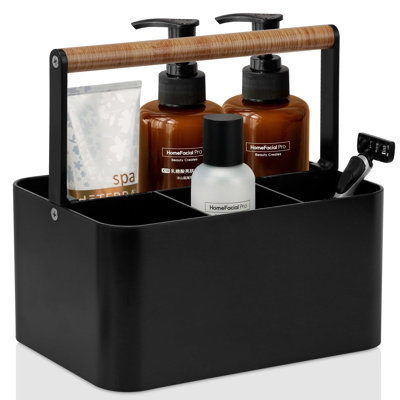 Panier de douche portatif et compartimenté avec poignée, idéal pour les chambres d'étudiants. Organisateur de salle de bain en plastique pour comptoir, cuisine ou armoire (noir/poignée en bois).