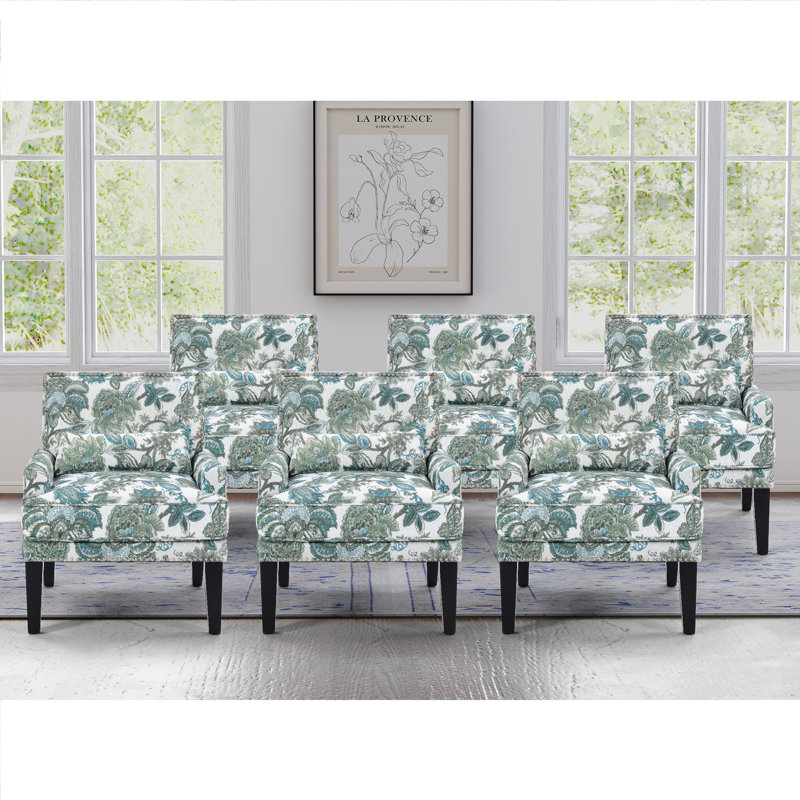28.7'' Wide Vintage Floral Soft Upholstered Fabric Armchair With Nailhead Trim And Lumbar Pillow (Set Of 6), Green Floral