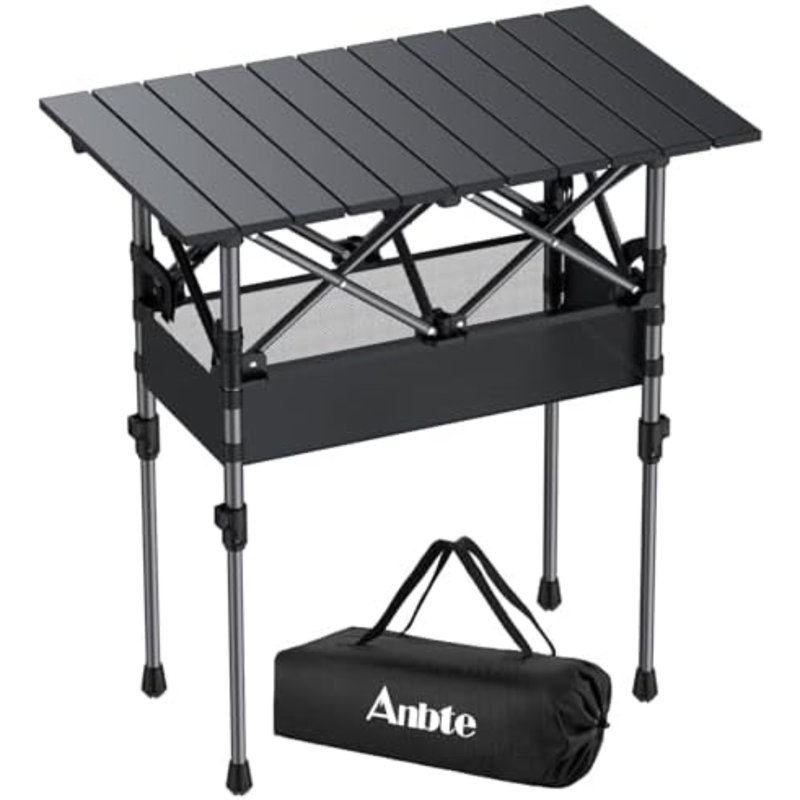 Table de camping pliante compacte de 60 cm (2 pi), en aluminium portable, 63,5 cm x 40,6 cm (25 po x 16 po), noire | 2 hauteurs ajustables, avec filet et sac de rangement, imperméable, table pliante légère idéale pour cuisiner en plein air, barbecue, pique-nique et autres activités de plein air.