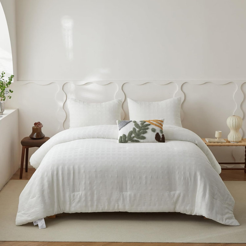 100% Cotton Waffle Weaving Comforter Set Bedding Set, White, Twin Comforter + 1 pillow shams+1 lumbar