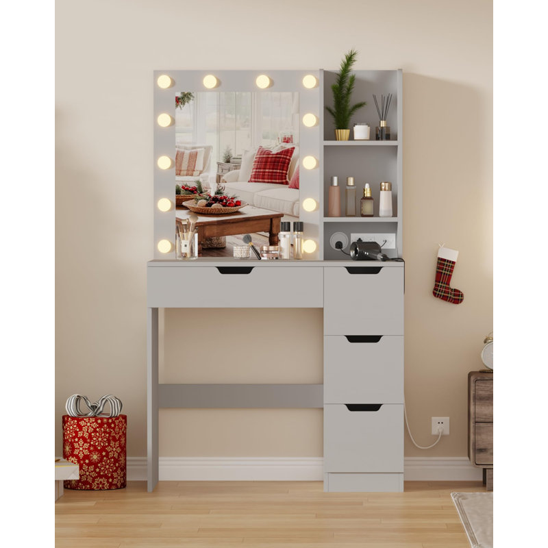 Meuble-lavabo avec lumières et station de charge avec table de maquillage 4 tiroirs et 3 modes d'éclairage