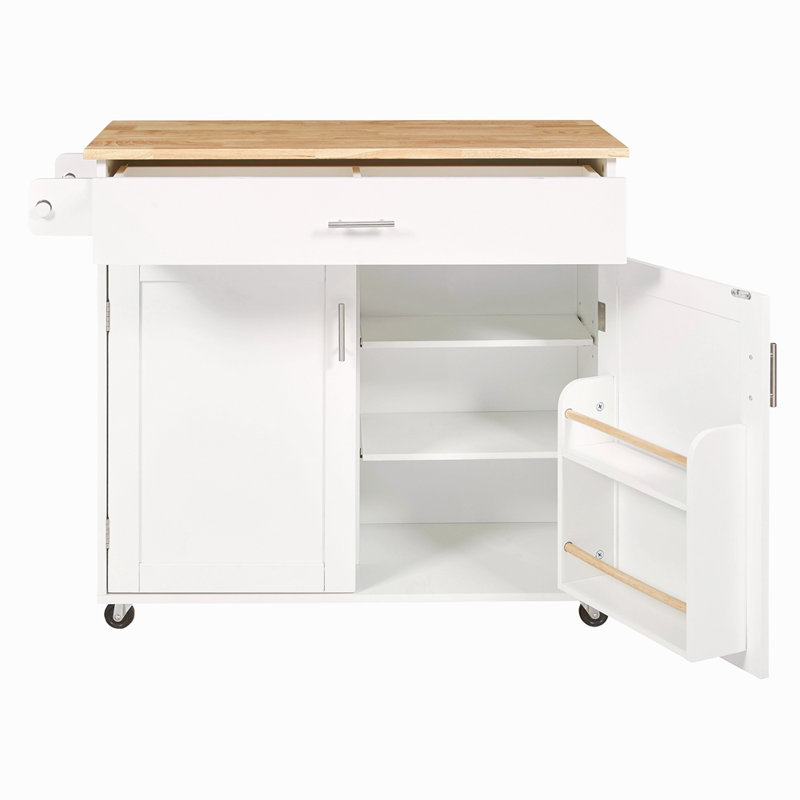 Îlot de cuisine roulant avec rangement, chariot de cuisine avec plateau en bois d'hévéa, tiroir spacieux avec cloison et support de rangement interne, îlot de cuisine sur roulettes avec support de tour réglable