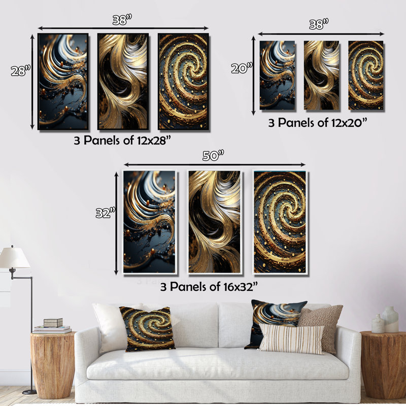 Ensemble de 3 pièces d'art rétro en spirale sur fond noir, Cadre flottant doré, H 28 po x l 36 po