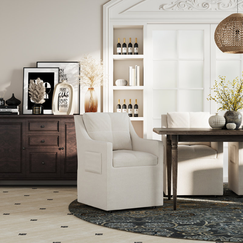 Ensemble de 5 chaises de salle à manger luxueuses avec fauteuil rembourré blanc avec poche latérale et roulettes