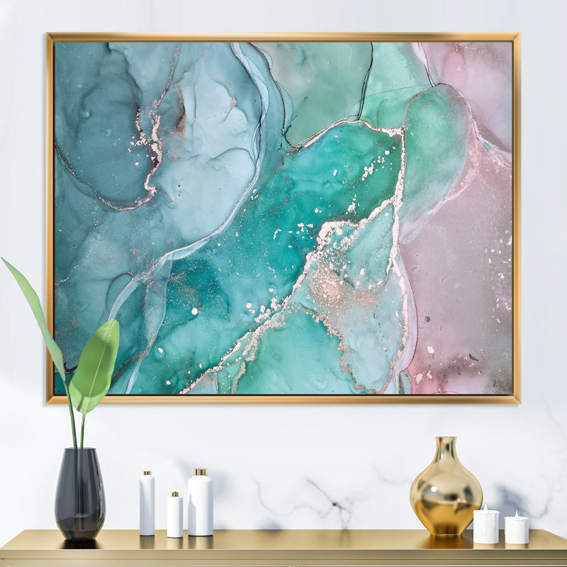 Marbre abstrait turquoise - peinture sur toile, Cadre flottant doré, H 30 po x l 40 po