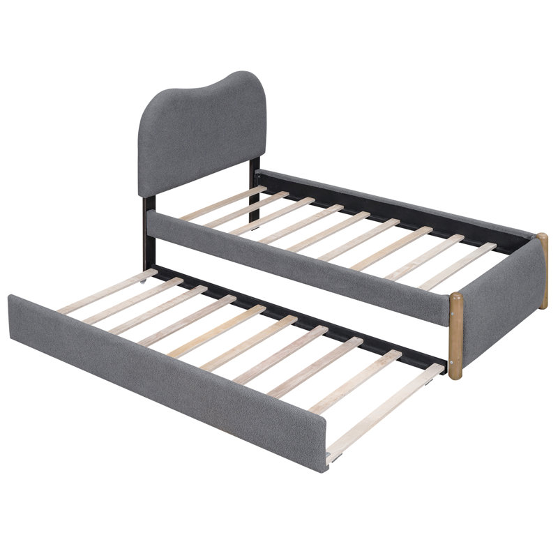 Lit plateforme simple tapissier avec pieds de support en bois et lit gigogne simple, gris, Gris