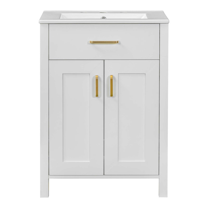 Meuble-lavabo de salle de bain avec lavabo en céramique, 2 portes à fermeture douce et 1 tiroir