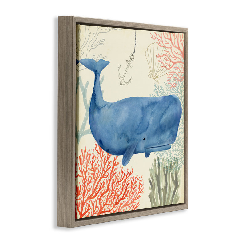 Aquarelle de baleine fantaisiste sous l'eau, H 18 po x l 18 po, Cadre flottant orme Montalcino